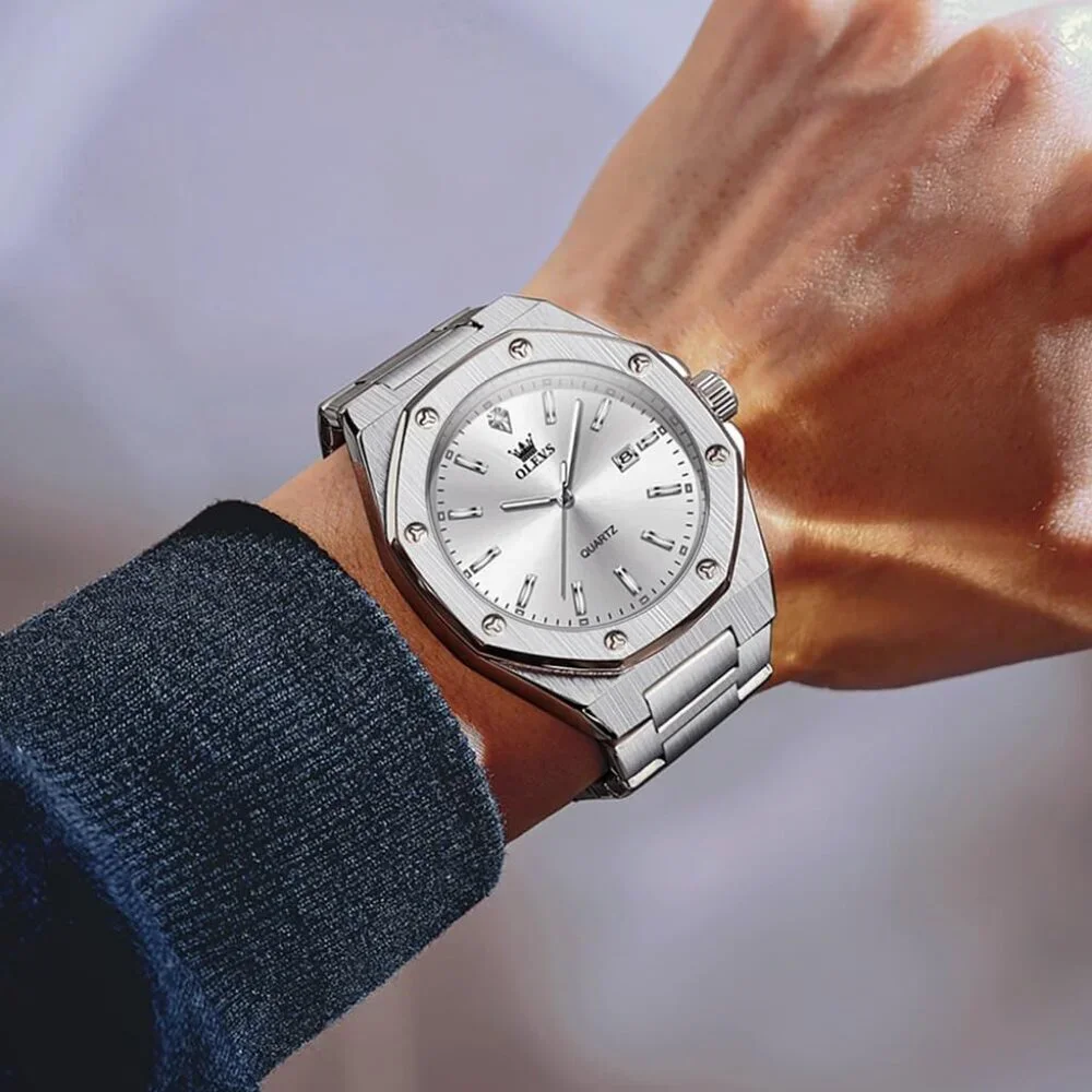 Olevs Men's Silver Stainless Steel Analog Luminous Waterproof Easy Wear Watch